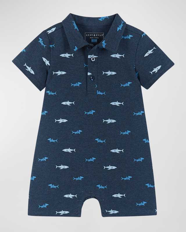 Boy's Shark-Print Polo Shortall, Size Newborn-24