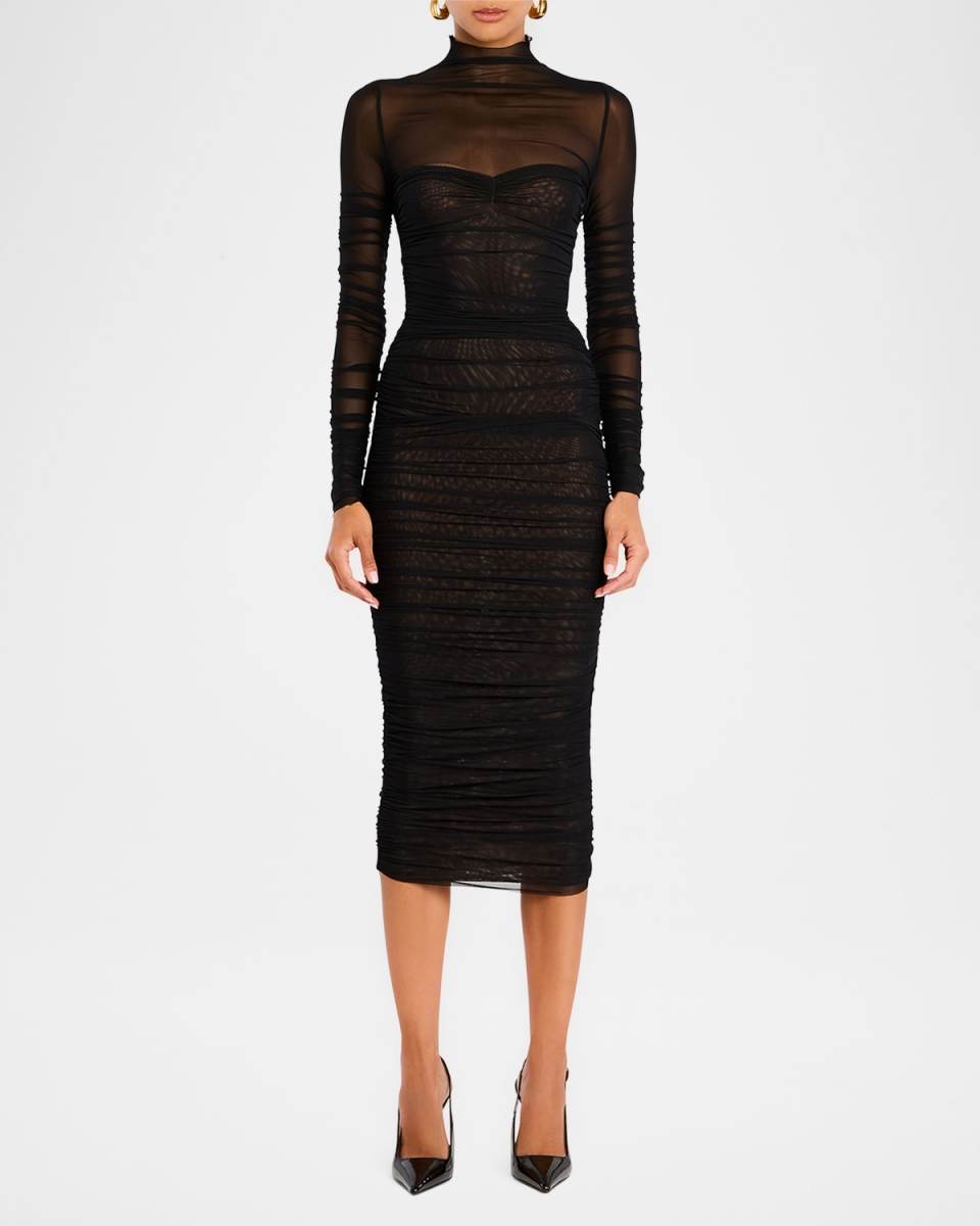 Trina Gathered Mesh Midi Dress