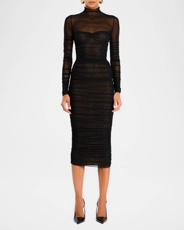 Trina Gathered Mesh Midi Dress