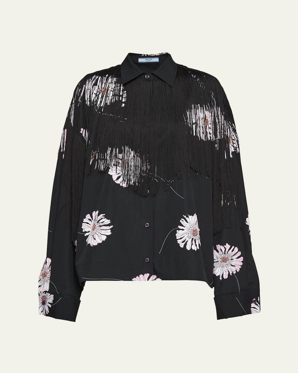 Printed Fringe Poplin Button Down Top