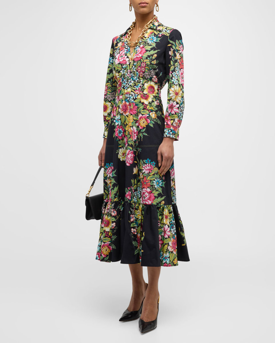 Bouquet Floral V-Neck Long-Sleeve Cotton Midi Shirtdress