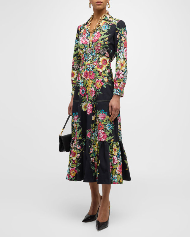 Bouquet Floral V-Neck Long-Sleeve Cotton Midi Shirtdress