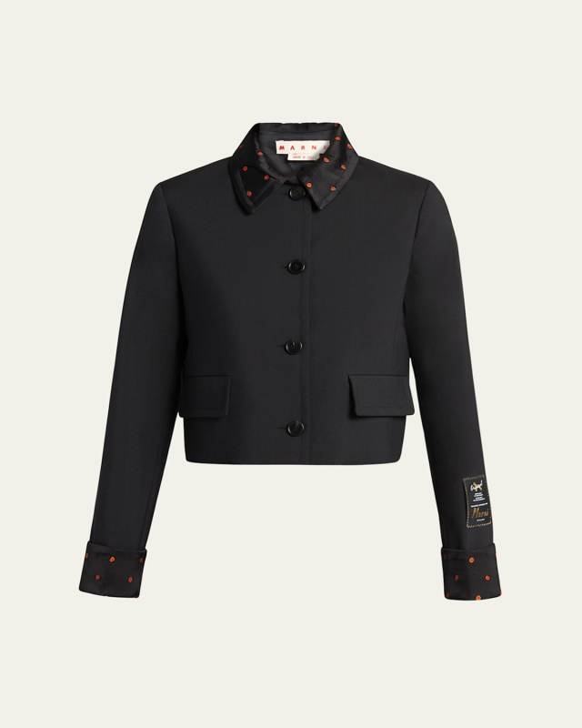 Wool Short Jacket with Patterned Trim