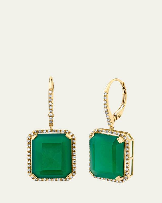 18K Yellow Gold Green Onyx and Diamond Portrait Gemstone Earrings