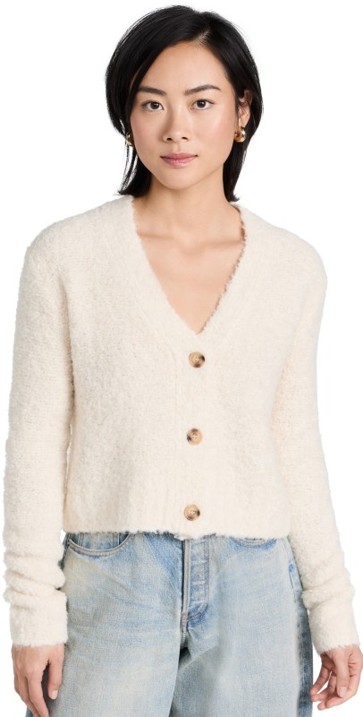 ATM Anthony Thomas Melillo Wool Blend Boucle Cropped Cardigan Chalk