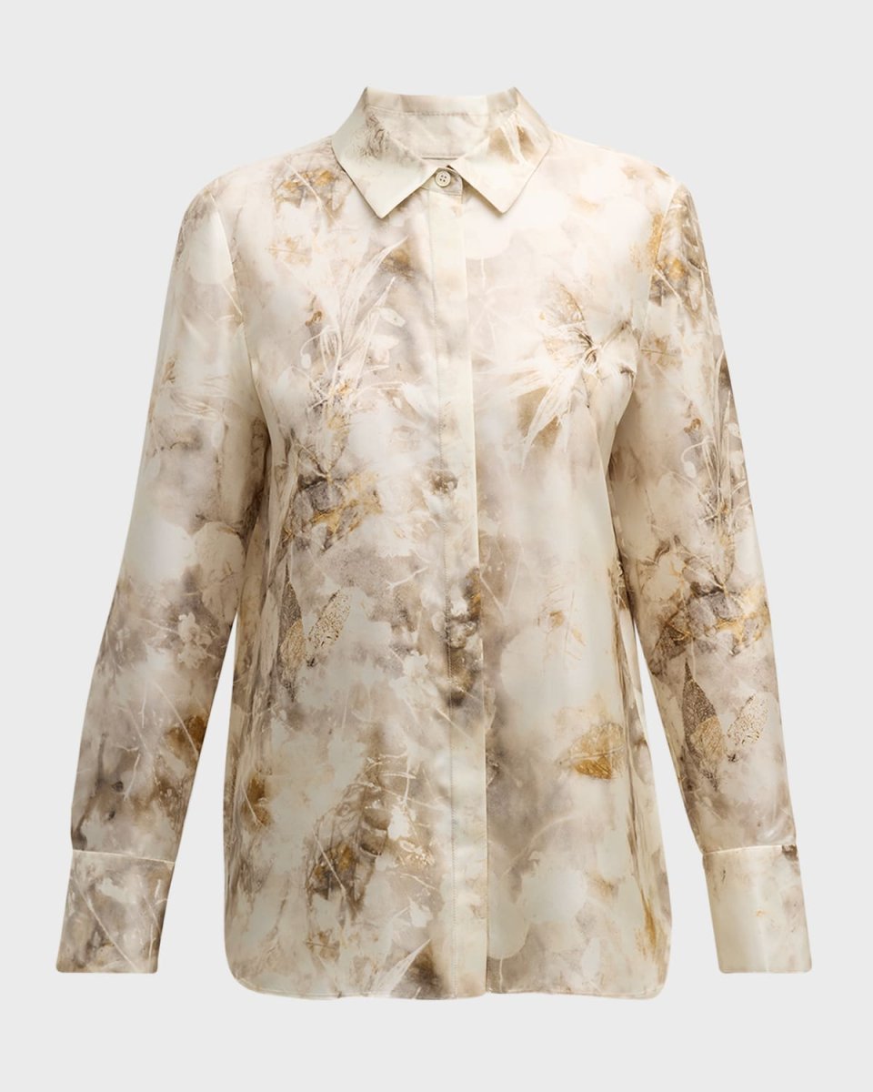 Scottie Botanical-Print Silk Twill Blous