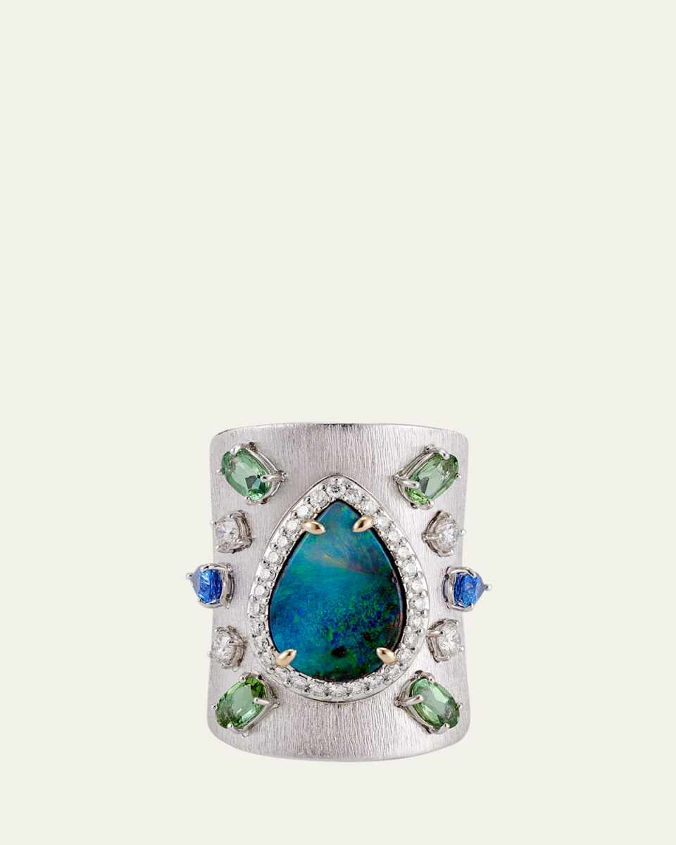 18K White Gold Brushed Azure Opal Ring with Diamonds