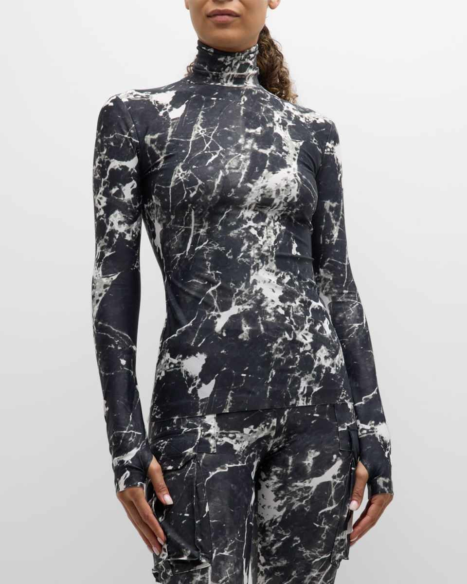 Marble Printed Slim Fit Long-Sleeve Turtle Top