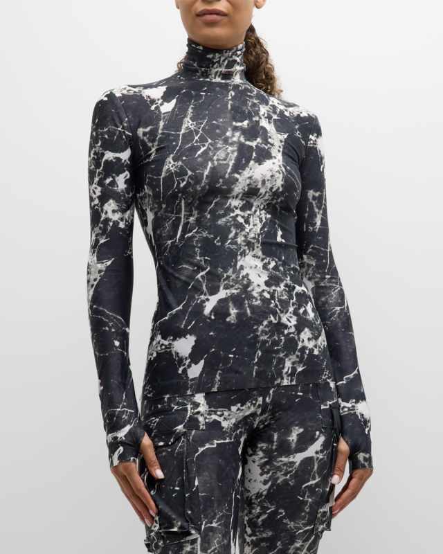 Marble Printed Slim Fit Long-Sleeve Turtle Top