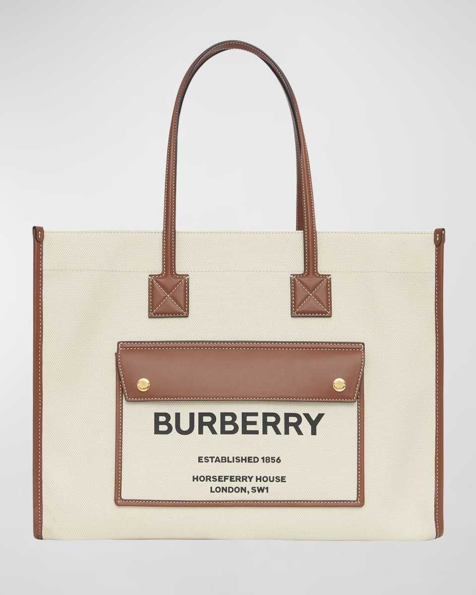 Smooth Leather & Canvas Pocket East-West Tote Bag