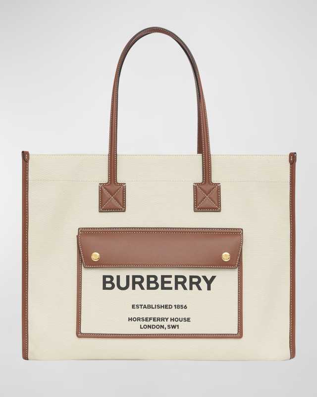 Smooth Leather & Canvas Pocket East-West Tote Bag