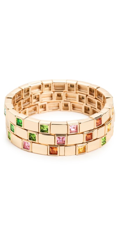 Roxanne Assoulin Square Stone Spaced Chiclet Stretch Bracelet Gold Mult