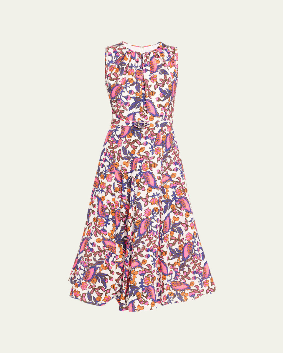 Leaf-Print Flounce Belted Silk Midi Dress