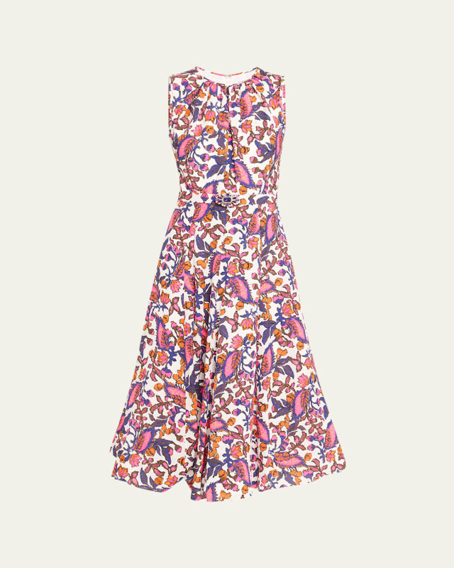 Leaf-Print Flounce Belted Silk Midi Dress