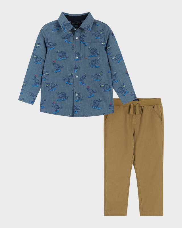 Boy's Skateboarding Dino Chambray Button Down & Pants Set, Size 2T-8