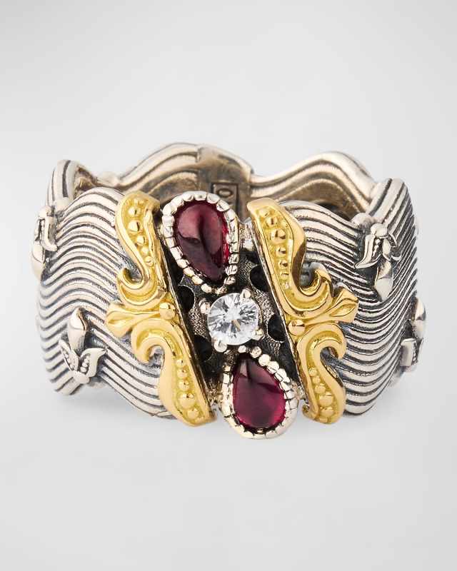 Silver and Gold Ring with Rhodolite and White Sapphires