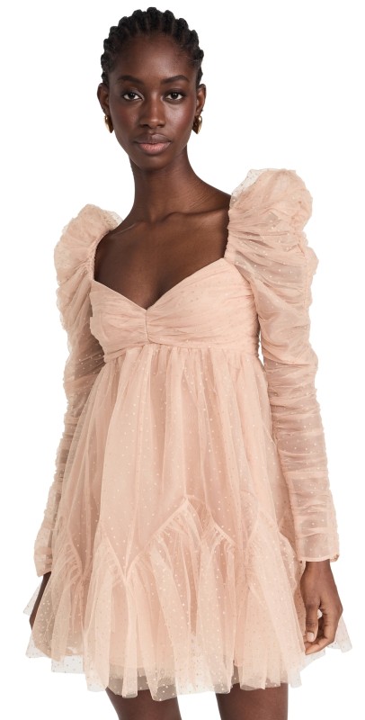 Zimmermann Tulle Ruched Mini Dress Nude/Gold Dot