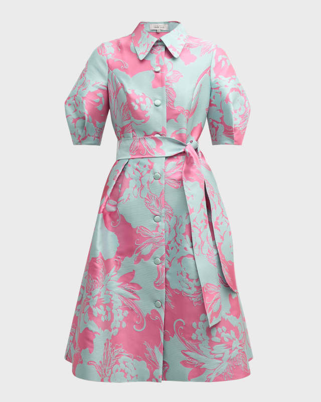 Pleated Floral Jacquard Midi Shirtdress