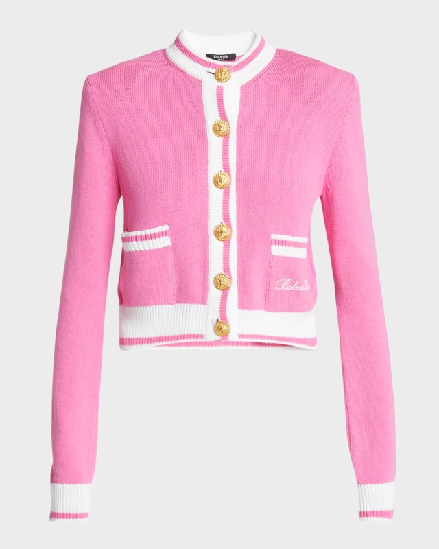 Strong-Shoulder Signature Buttoned Knit Cardigan