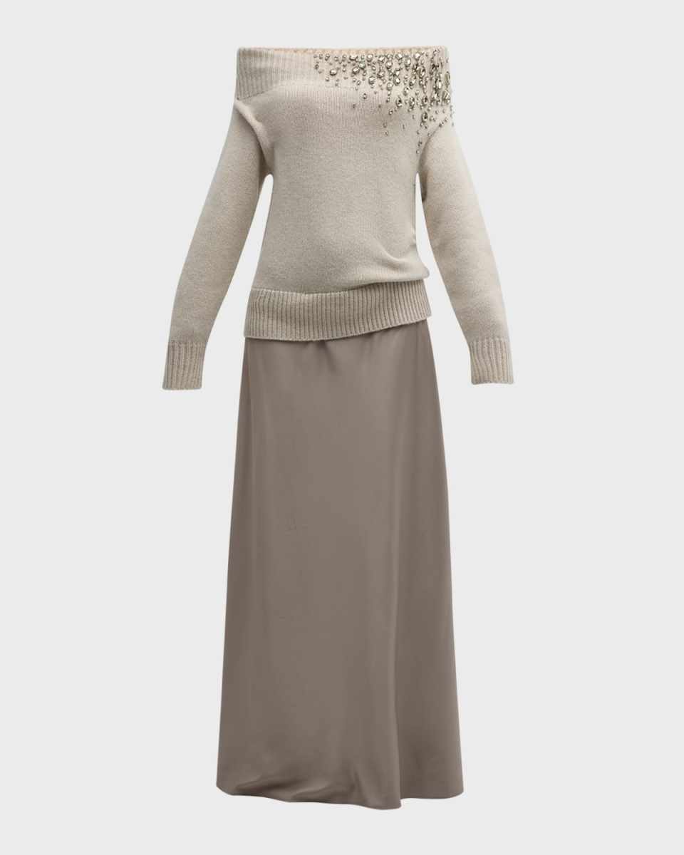 Astra Crystal Off-The-Shoulder Sweater Maxi Dress