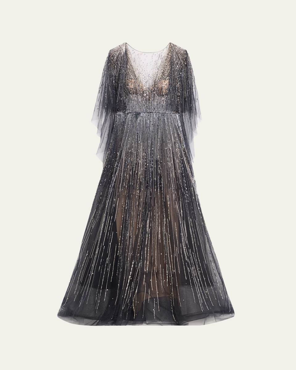 Fully-Embroidered Gown with Cape Sleeves