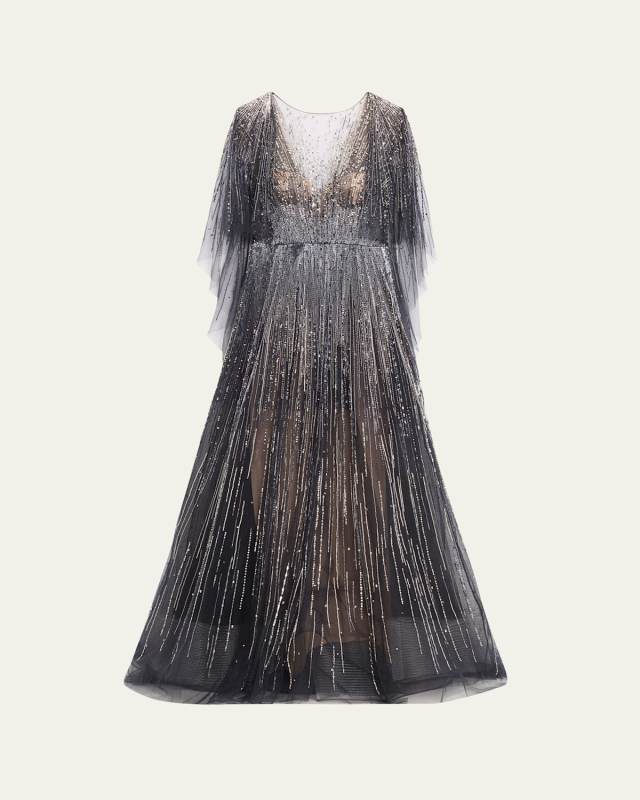 Fully-Embroidered Gown with Cape Sleeves
