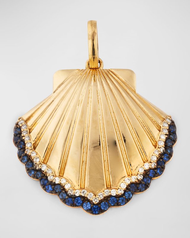 14K Yellow Gold Diamond Sapphire Shell Charm Necklace