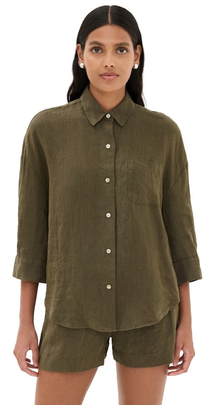 Jenni Kayne Linen Logan Shirt Dark Moss