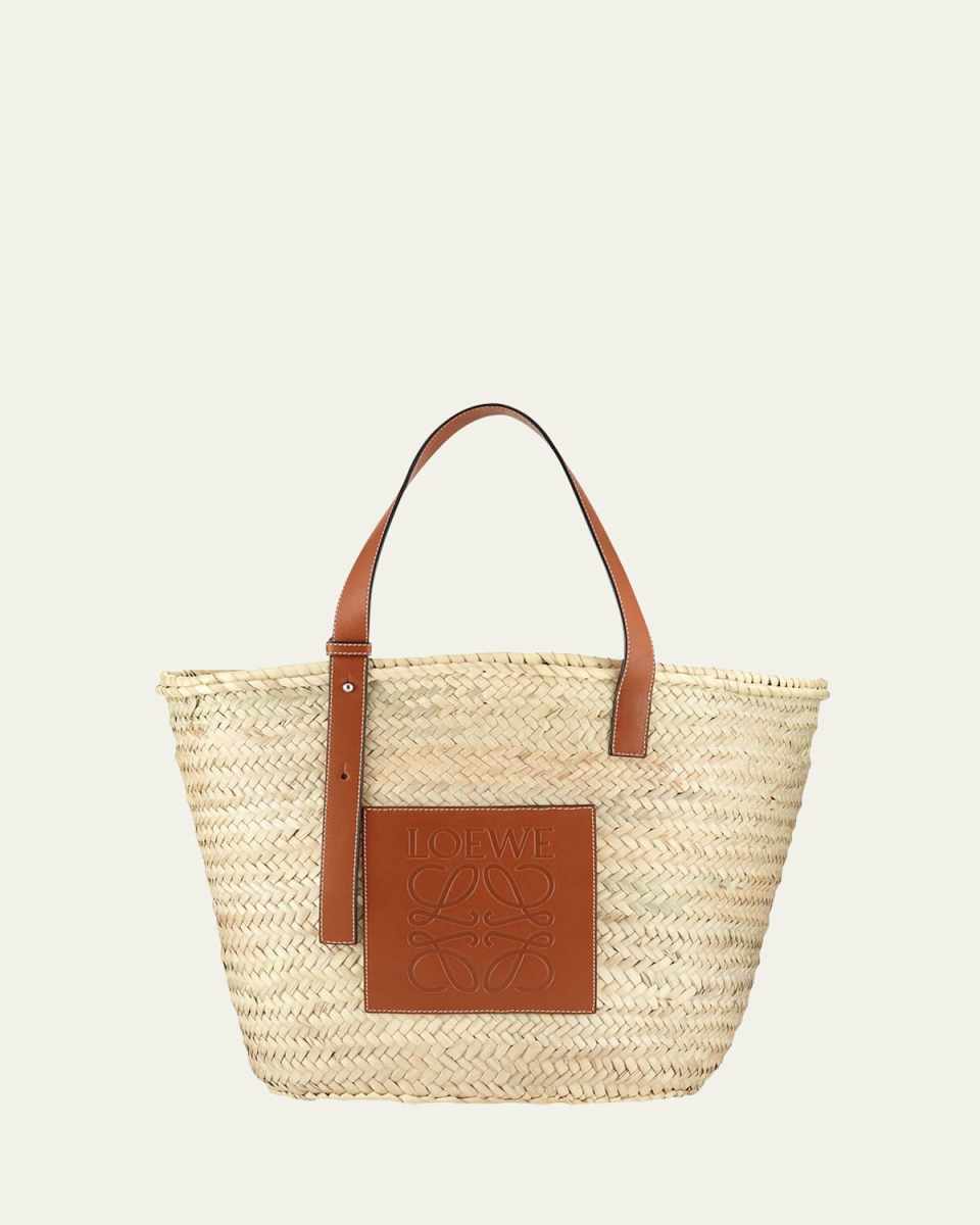 Basket Bag Large in Palm Leaf with Leather Handles