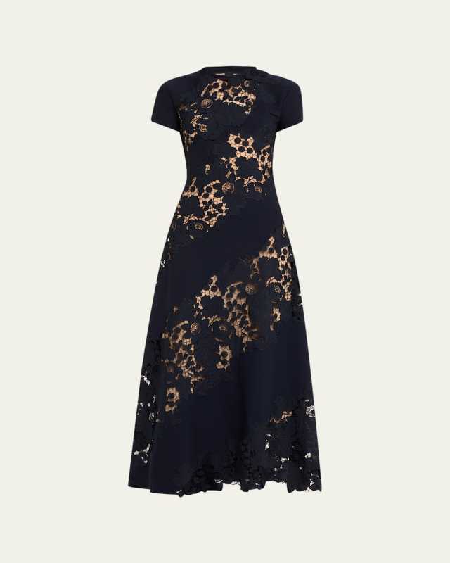 Diagonal Botanical Guipure Inset Cap-Sleeve Open-Back Maxi Dress