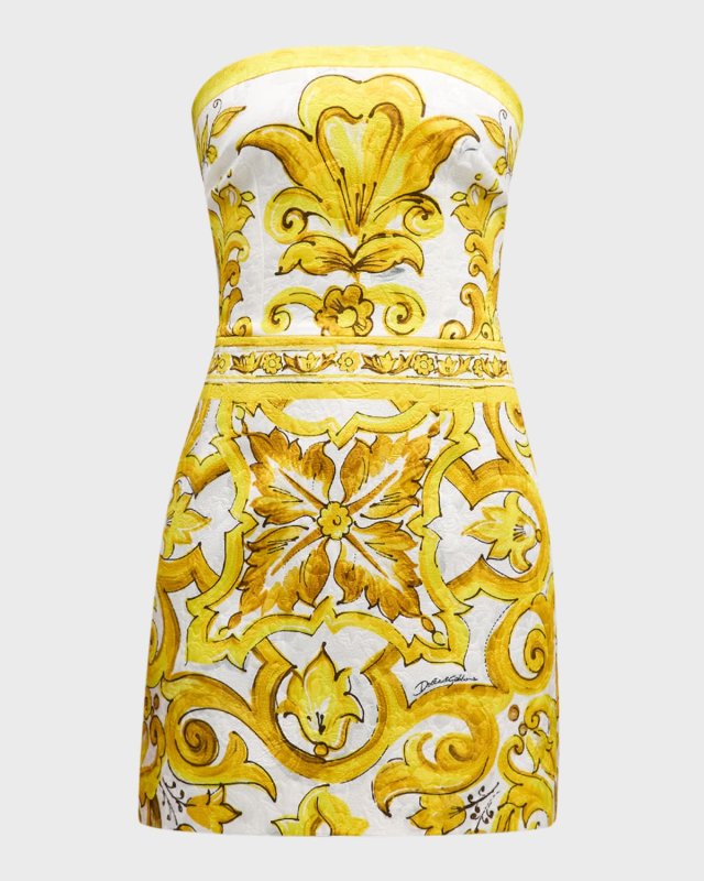 Maiolica-Print Brocade Strapless Mini Dress