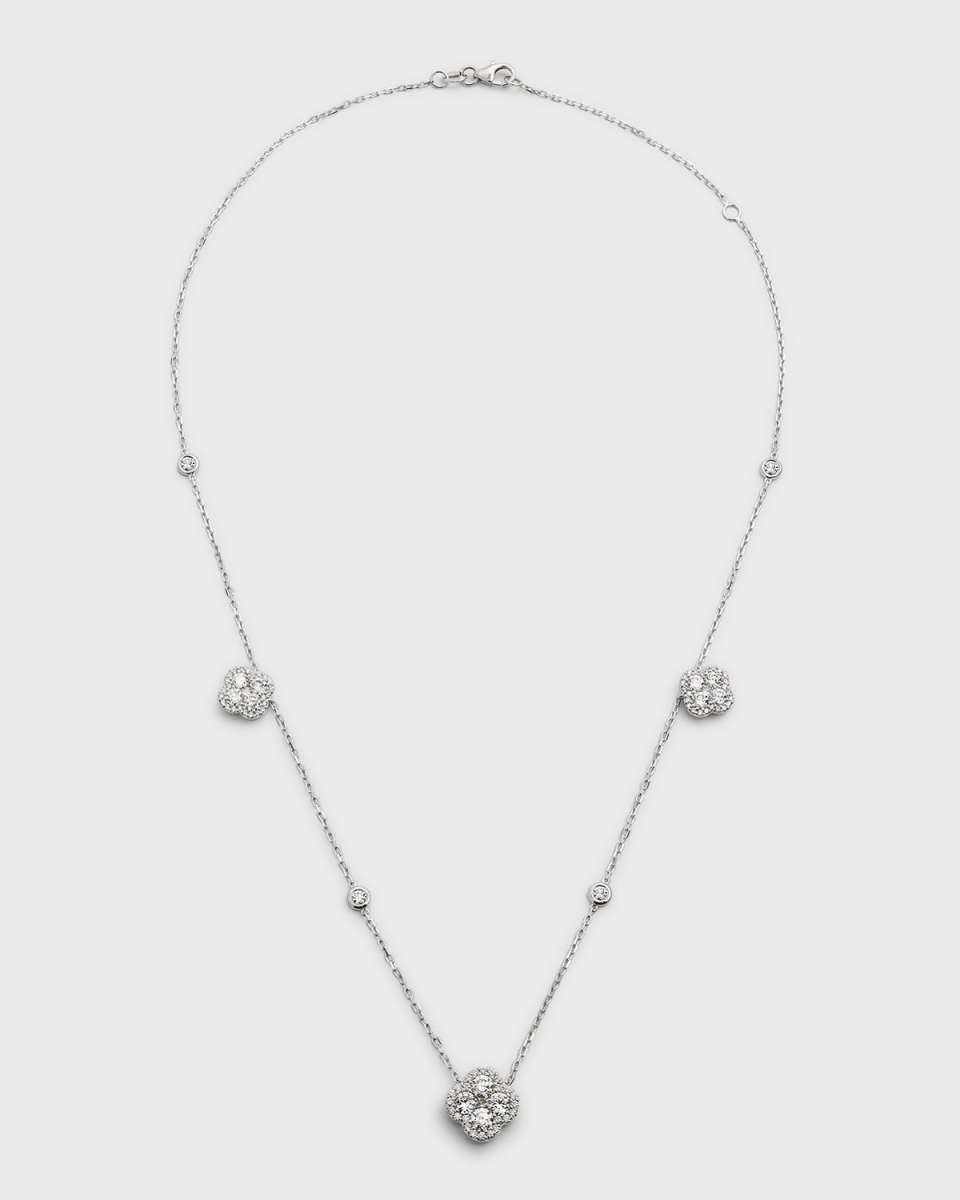 18K White Gold Diamond Flower Station Necklace, 18"L, 3.00tcw