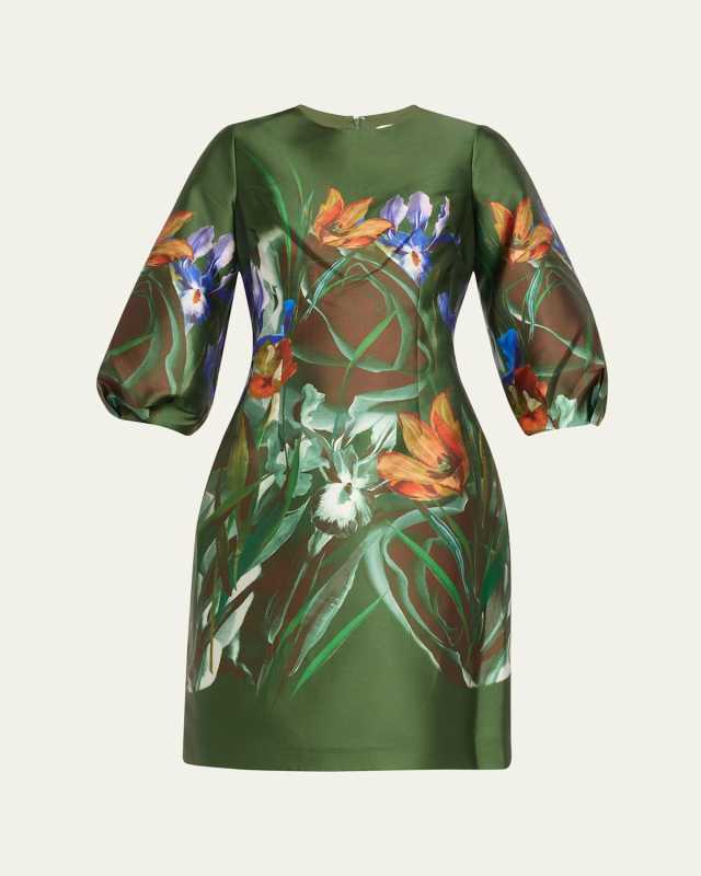 A-Line Floral-Print Mikado Dress
