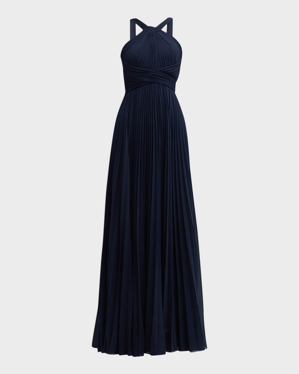 Pleated Twist-Front A-Line Halter Gown