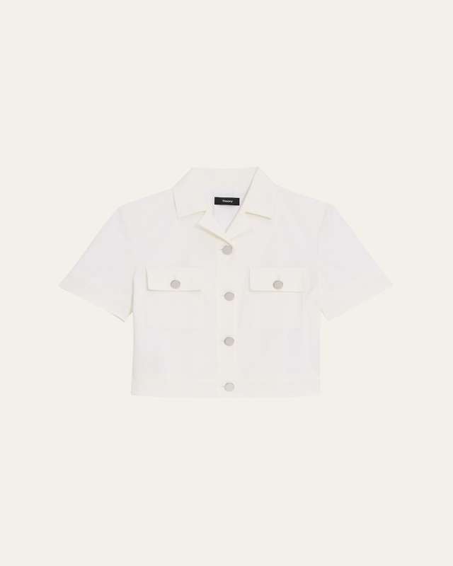 Seersucker Cropped Short-Sleeve Jacket