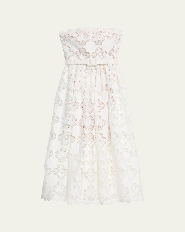 Strapless Gardenia Guipure Eyelet Dress with Self Belt