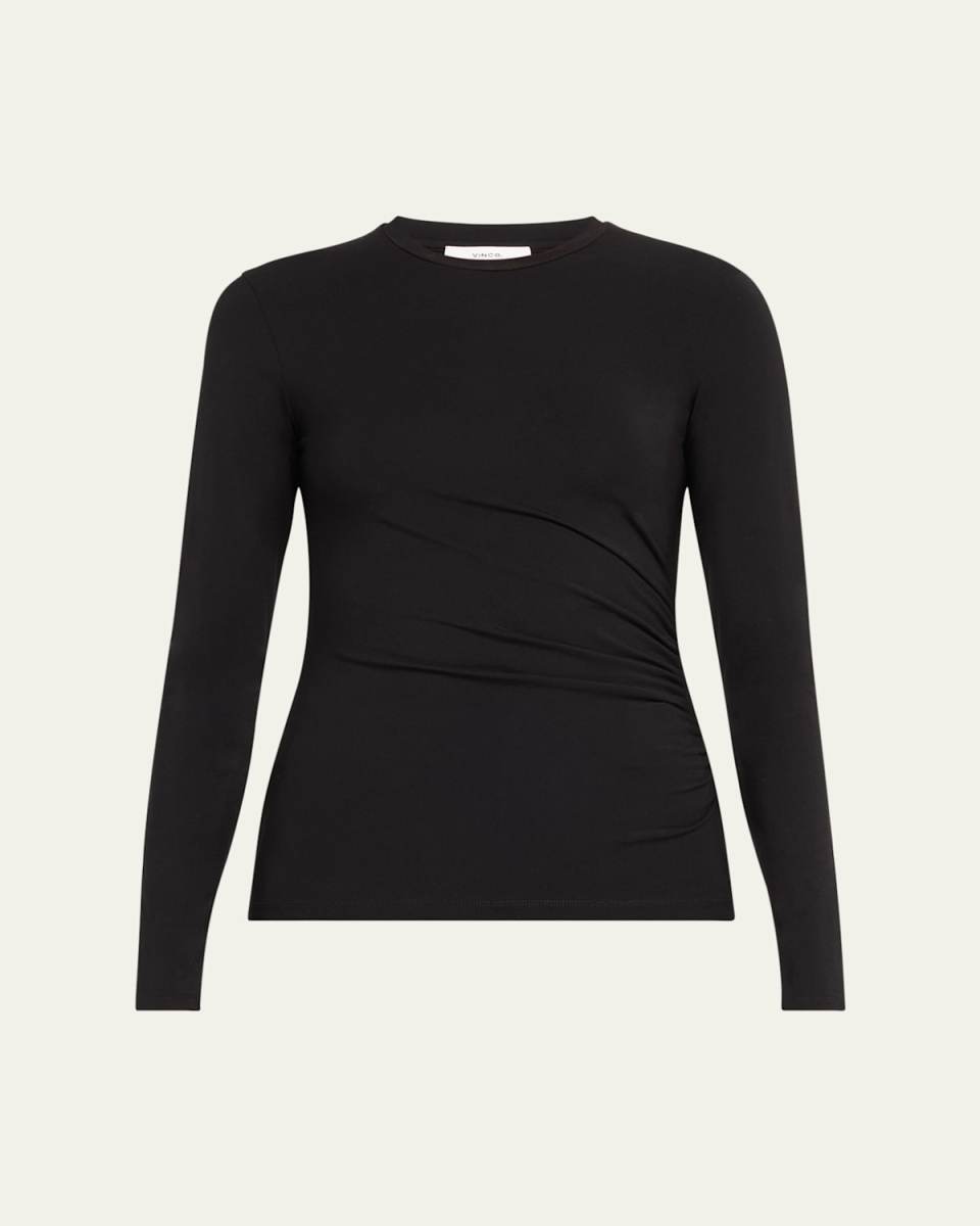 Side Drape Long-Sleeve Crewneck Top