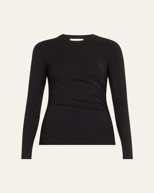 Side Drape Long-Sleeve Crewneck Top