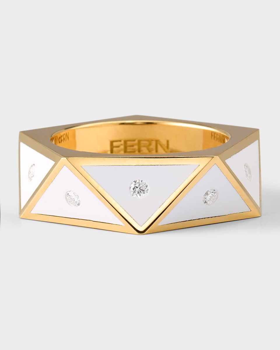 18K Yellow Gold White Ceramic Pentagon Ring with Diamonds, Size 7