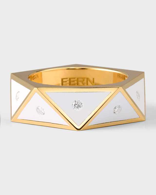 18K Yellow Gold White Ceramic Pentagon Ring with Diamonds, Size 7