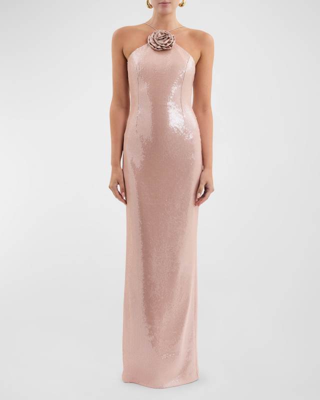 Paige Flower-Embellished Sequin Column Gown