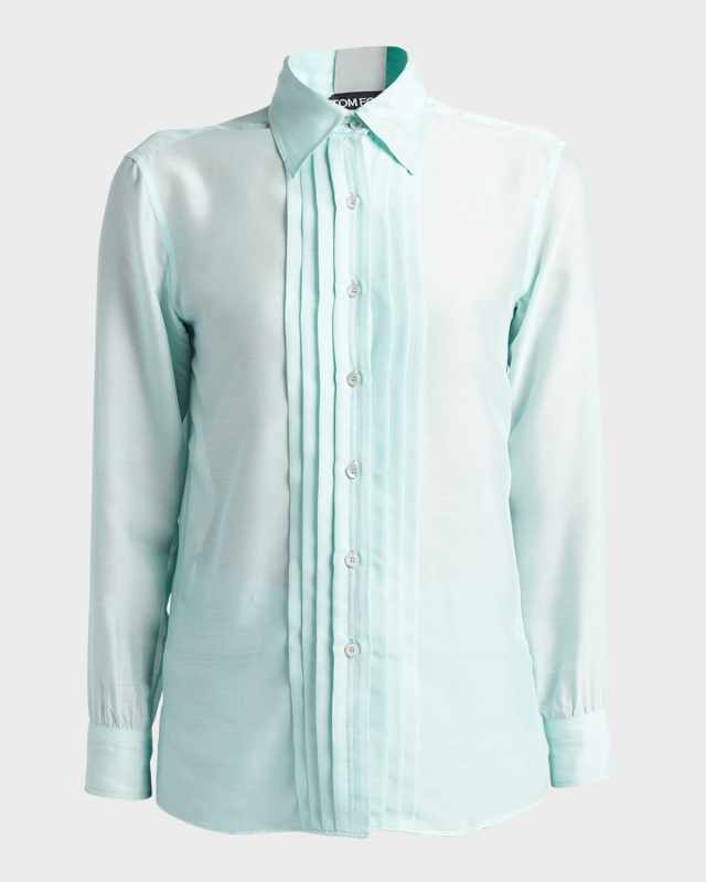 Pleated Silk Button-Front Blouse