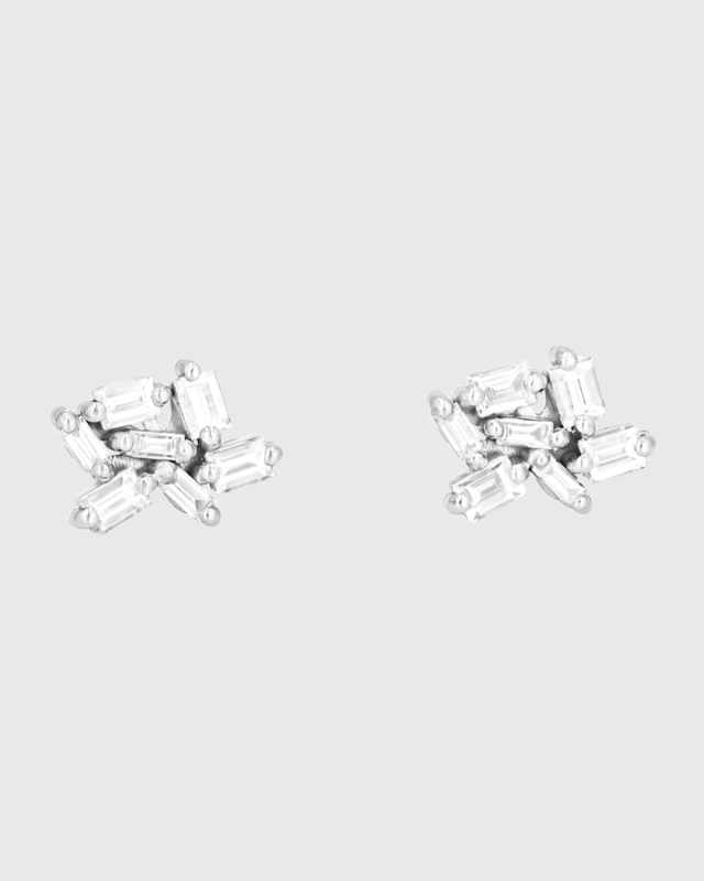 Small White Baguette Diamond Cluster Earrings in 18K Gold