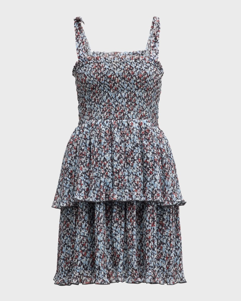 Pleated Georgette Tie-Shoulder Smock Mini Dress