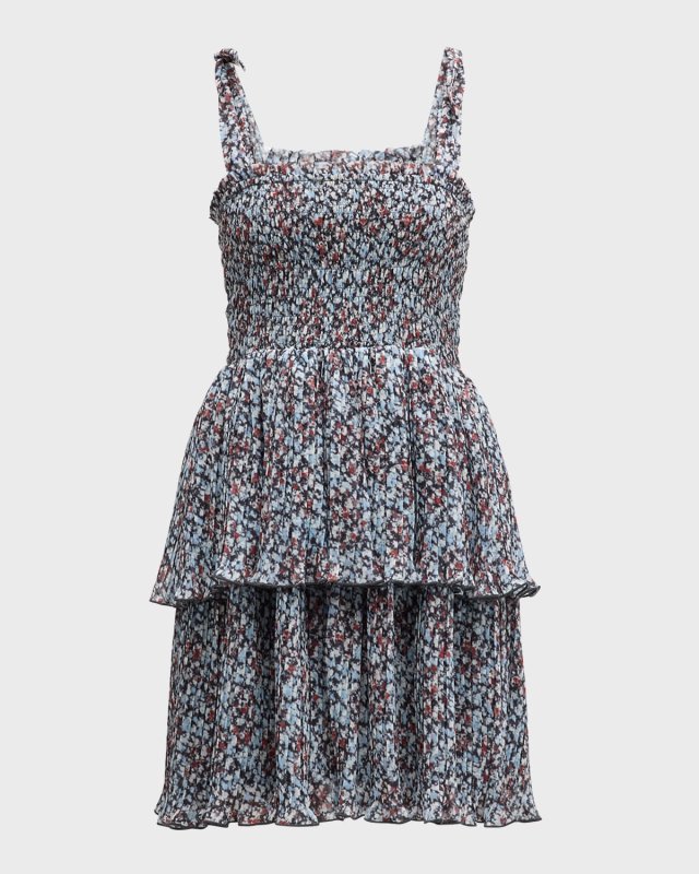 Pleated Georgette Tie-Shoulder Smock Mini Dress