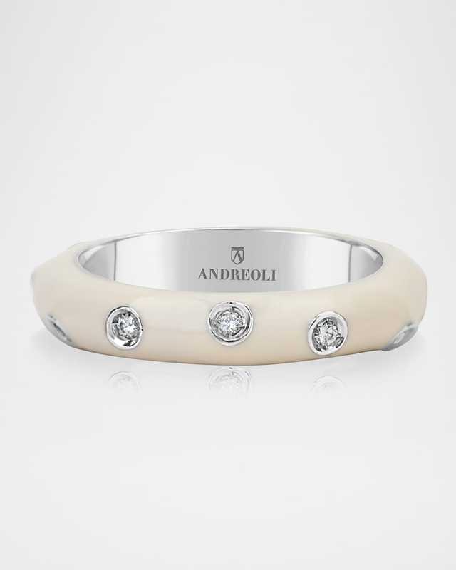 18K White Gold White Enamel Diamond Ring, Size 6.5