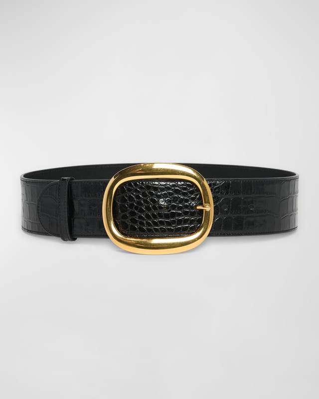 Glossy Croc-Stamped Leather Belt