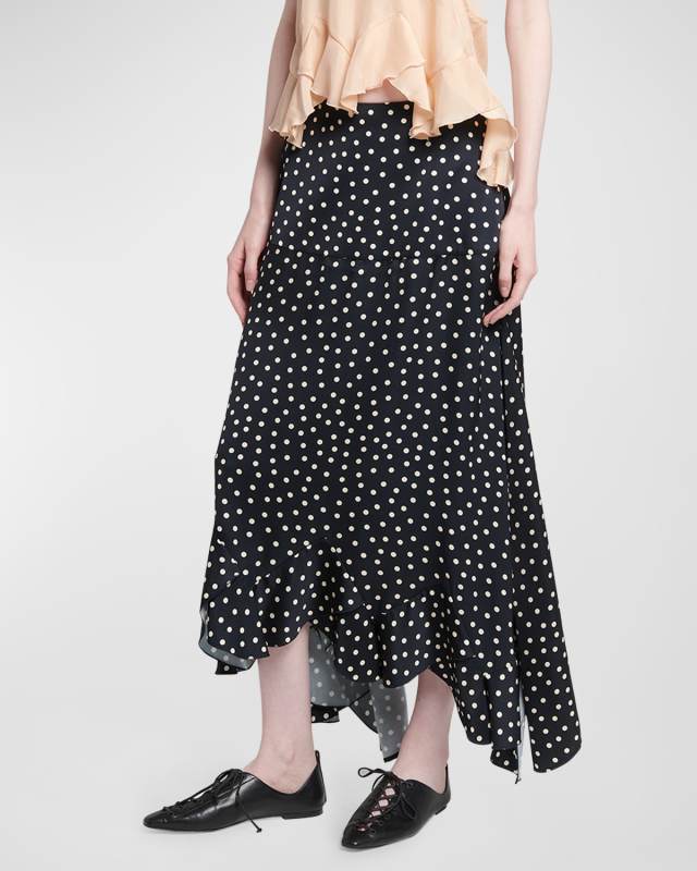 Polka Dot-Print Tiered Asymmetric Maxi Skirt
