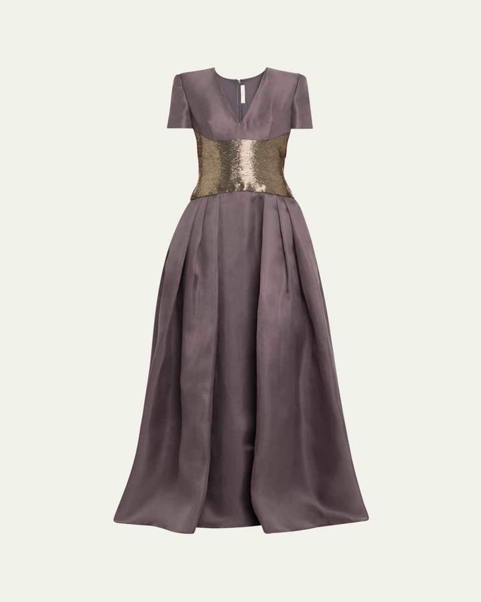 V-Neck Beaded Organza Pleated Ball Gown