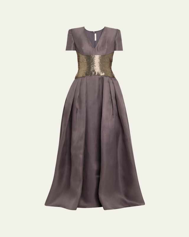 V-Neck Beaded Organza Pleated Ball Gown